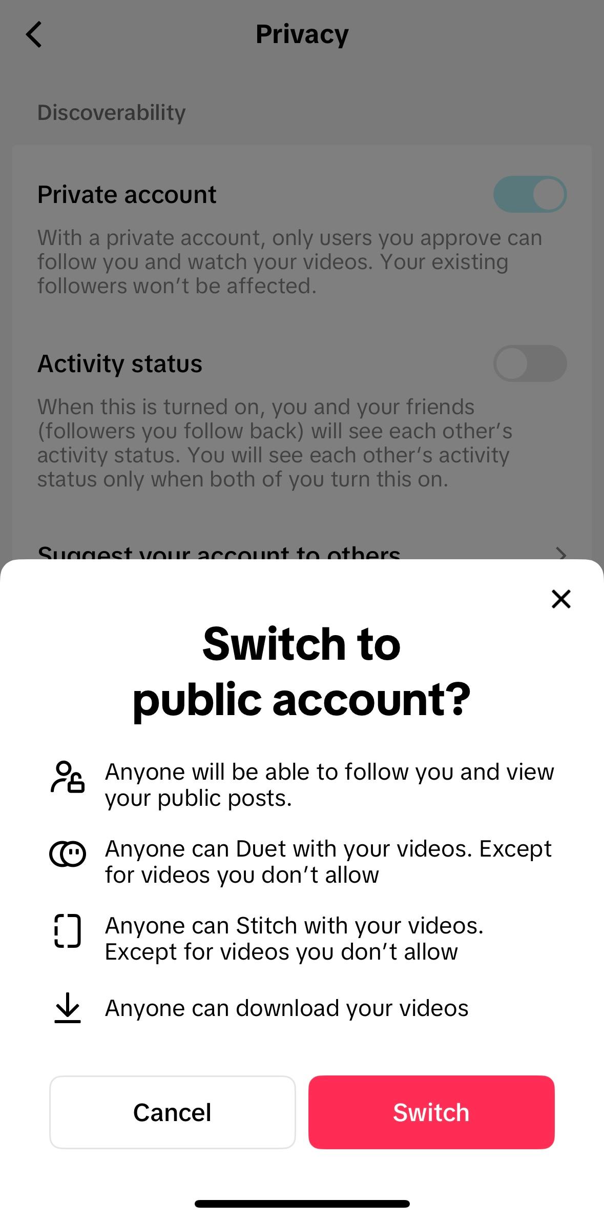 TikTok private account settings change